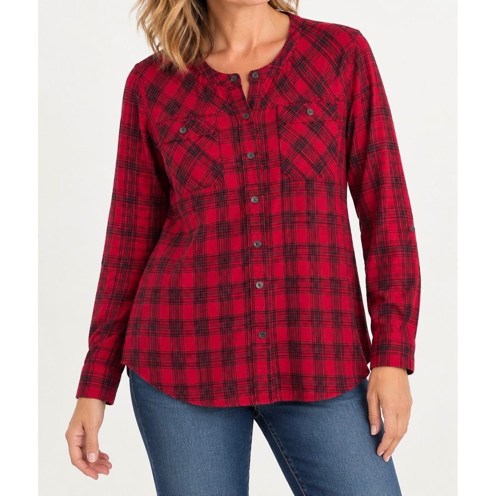 Duluth Trading Co Womens Large Red Black Plaid Flannel Roll Tab Tunic Shirt L